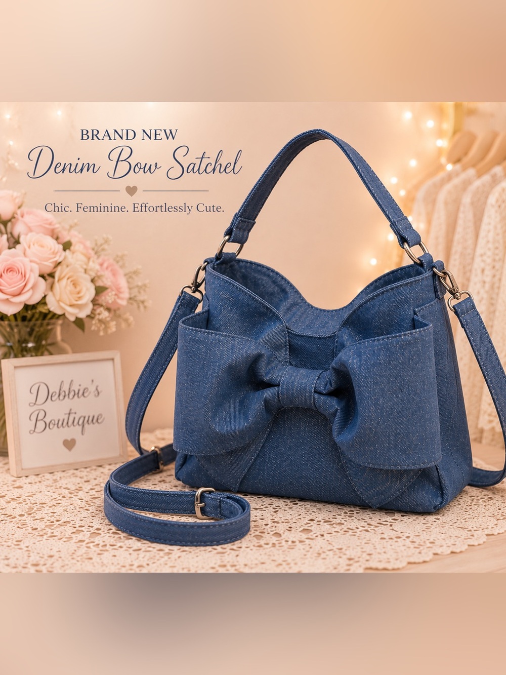 Denim Bow Handbag Crossbody Satchel Purse Detachable Strap NWT